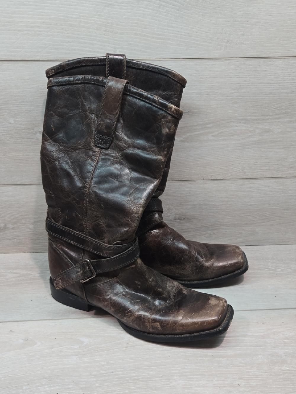 Durango Women Harness Western Disterssed Leather Boot Square Toe 12" Sz 8M